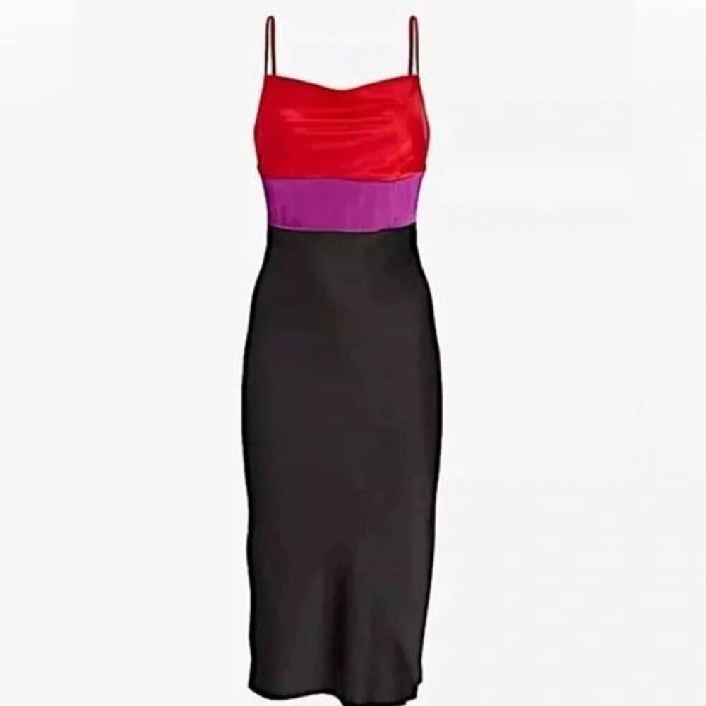 EXPRESS Satin Color Block Black Purple Tier Cowl Neck Y2k Midi Slip Dress